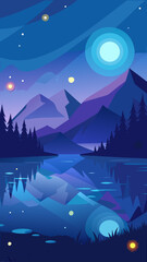 Stylized night landscape with mountains lake and celestial bodies