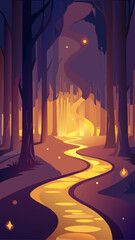 Enchanting forest path illuminated by golden light and glowing orbs