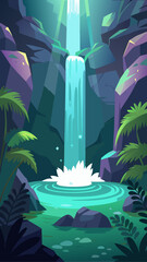 Enchanting waterfall cascading into a tropical jungle pool with lush foliage and dramatic lighting