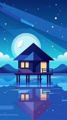 Serene night scene of a stilted house on the water under a large moon and starry sky