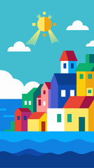Colorful geometric houses on a coastline under a bright sun and blue sky