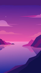 Vibrant purple and pink abstract landscape with calm water and distant mountains