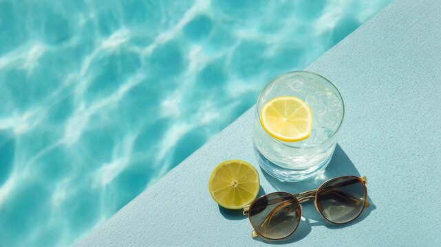 Refreshing summer drink with lemon and ice by the poolside with sunlight reflections sunglasses and turquoise water relaxing vacation atmosphere and holiday lifestyle