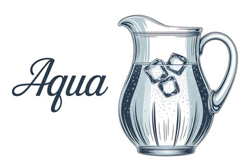 Glass pitcher filled with refreshing water and ice cubes, conveying coolness and hydration.