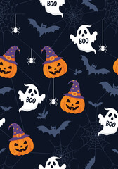 A spooky pattern featuring cute pixelated pumpkins ghosts and bats for Halloween festivities.