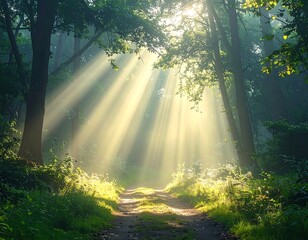 Sunbeams burst through the trees illuminating a path