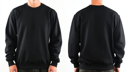A man is wearing a black sweatshirt. The sweatshirt is black and has no design on it
