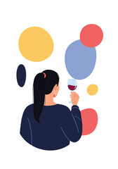 A woman holding a glass of red wine surrounded by colorful abstract shapes.
