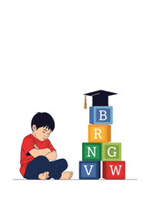 A young boy contemplates building blocks and education.