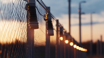 A chain-link fence stretches into the distance, illuminated by soft, warm lights during the sunset. Metal posts and insulators support the fence, creating a rhythmic pattern.