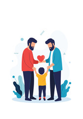 A loving family with two fathers and a child holding hands sharing a heart.