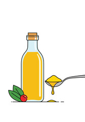 A glass bottle filled with golden oil a spoon of oil dripping from it and some red berries and green leaves beside the bottle.