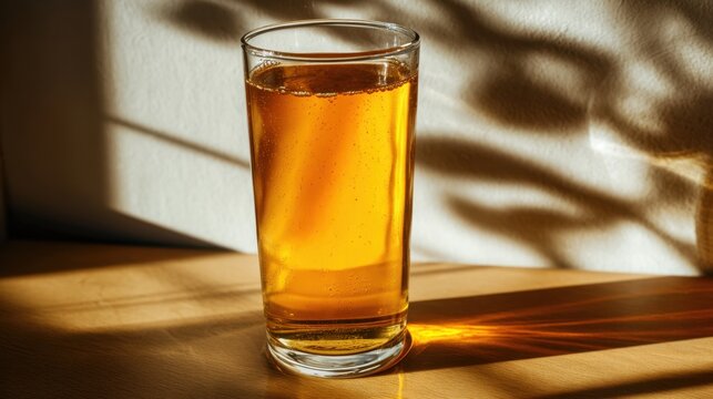 A glass of beer is sitting on a table in the sunlight. The glass is half full and the liquid inside is clear. The sunlight is shining on the glass, creating a warm and inviting atmosphere - Powered by Adobe