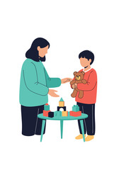 A caring adult shares a teddy bear with a child as they play with blocks.