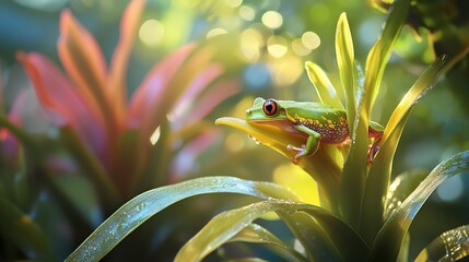 A macro image of a tree frog drinking from a bromeliad cup, 