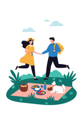 A happy couple enjoys a delightful picnic with their dog in a lush green park.