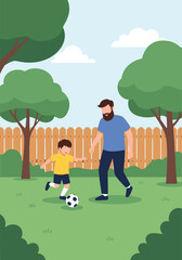 Father and son enjoying a game of soccer in the backyard during a sunny afternoon.