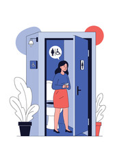 A woman is exiting a gender neutral accessible restroom facility.