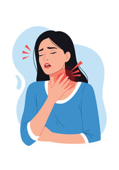 Woman experiencing throat pain and discomfort indicated by redness and inflammation.