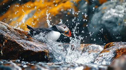 A macro shot of a puffin drinking from a rocky coastal stream, sea spray behind and bright cliffside colors.