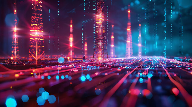 Abstract digital city scape with glowing towers and neon lines in a dark blue and red color scheme