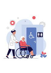 A nurse assists an elderly woman in a wheelchair towards a restroom.