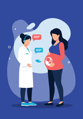 Doctor consulting with a pregnant woman about prenatal care and childbirth preparation.