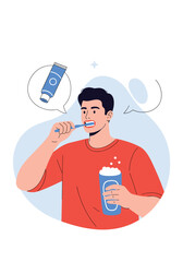 A young man is brushing his teeth in the morning with toothpaste and mouthwash.