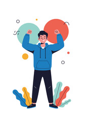 A young man flexes his muscles with a smile on his face celebrating victory.