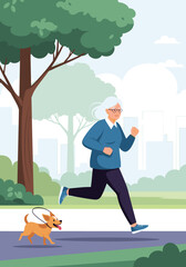 An elderly woman with glasses and white hair enjoys a brisk jog in the park alongside her small dog.