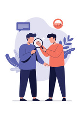 Two people collaborating on a project using a magnifying glass for detailed examination.