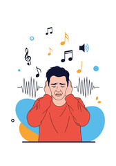 A man covers his ears to block out loud musical notes and sound waves.