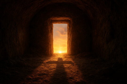 Empty stone tomb with sunlight shining through entrance casting cross shadow, resurrection concept background symbolizing hope faith spirituality divine light and eternal life Christian belief Easter  - Powered by Adobe