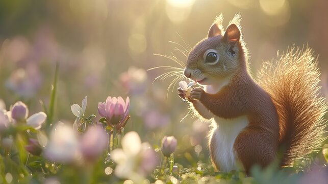 A macro shot of a red squirrel holding a flower petal and sipping dew,