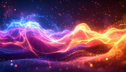 Vivid abstract wave of glowing particles, transitioning colors
