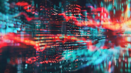 Abstract digital landscape with red and blue glowing particles forming a complex network structure