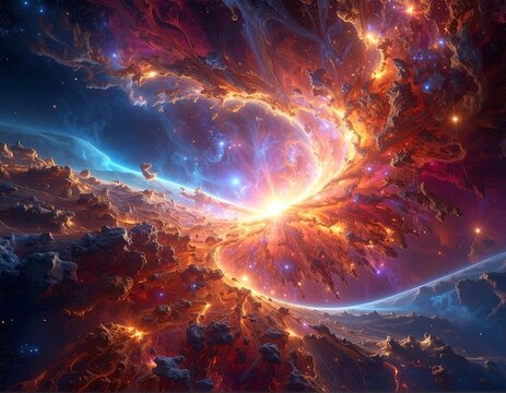 Vibrant cosmic vortex with swirling nebula and bright stellar energy