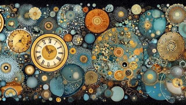 Intricate abstract pattern with vintage clock faces, ornate circular elements, and cosmic textures in gold, blue, and teal hues.