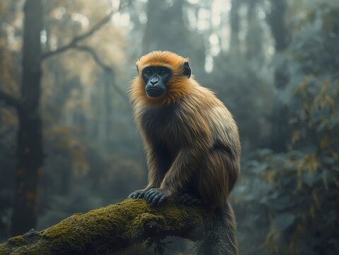 Majestic golden langur monkey perches serenely on a moss covered branch in a misty, enchanting forest creating a captivating wildlife portrait.