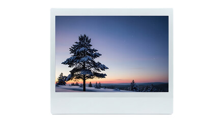 A snowy pine tree stands against a colorful sunset sky in a polaroid frame isolated on transparent background