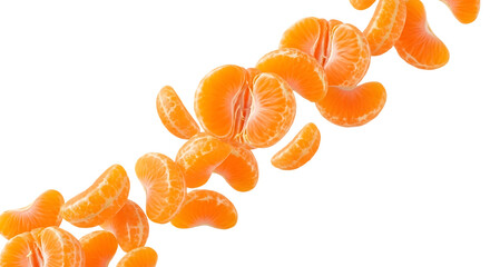 Fresh tangerine segments scattered on transparent background, isolated on transparent background