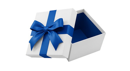 Open white gift box with blue ribbon isolated on transparent background, isolated on transparent background