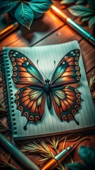
A bright butterfly is drawn in a notebook on a piece of paper.