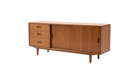 Mid century modern teak sideboard with drawers and sliding doors isolated on transparent background
