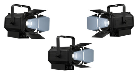 Three stage lights isolated on transparent background, professional lighting equipment