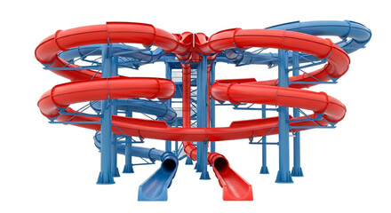 Colorful water park slide with red and blue tubes isolated on transparent background