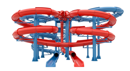 Colorful water park slide with red and blue tubes isolated on transparent background