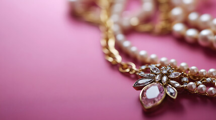 Luxury meets elegance! A stunning pink gemstone pendant surrounded by pearls and gold, on a pink background. Exquisite jewelry for any occasion. Timeless beauty.
