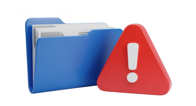 Digital folder icon with red warning exclamation mark symbol alert