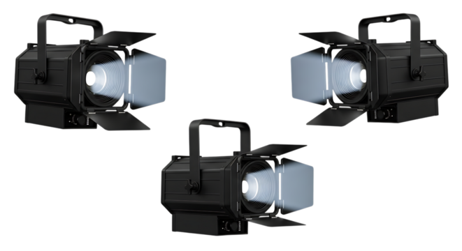 Three stage lights isolated on transparent background, professional lighting equipment